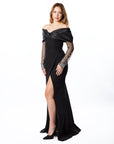 Elegant Black Maxi Dress with Embellished Sleeves - Outlet