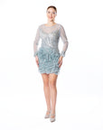 Elegant Silver Blue Mini Dress with Floral Ruffle Detail