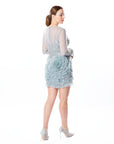 Elegant Silver Blue Mini Dress with Floral Ruffle Detail