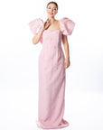 Elegant Blush Pink Maxi Dress with Puff Sleeves and Embellishments