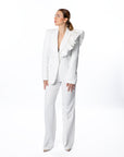 Sophisticated White Pantsuit with Statement Ruffle Detail