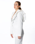 Sophisticated White Pantsuit with Statement Ruffle Detail