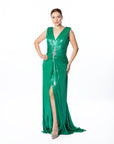 Shimmering Green Draped Maxi Dress with Embellished Detail