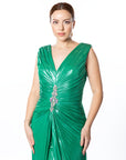 Shimmering Green Draped Maxi Dress with Embellished Detail