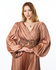 Elegant Bronze Pleated Maxi Dress with Beaded Waist Detail