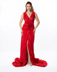 Ravishing Red Pleated Maxi Gown with Floral Detail