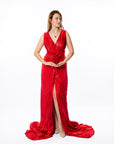 Ravishing Red Pleated Maxi Gown with Floral Detail