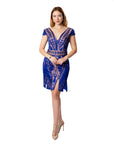 Chic Blue Lace Mini Dress with V-Neck Detail