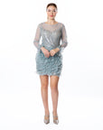 Elegant Silver Blue Mini Dress with Floral Ruffle Detail