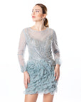Elegant Silver Blue Mini Dress with Floral Ruffle Detail