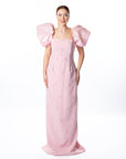 Elegant Blush Pink Maxi Dress with Puff Sleeves and Embellishments