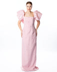 Elegant Blush Pink Maxi Dress with Puff Sleeves and Embellishments