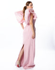 Elegant Blush Pink Maxi Dress with Puff Sleeves and Embellishments