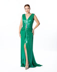 Shimmering Green Draped Maxi Dress with Embellished Detail