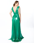 Shimmering Green Draped Maxi Dress with Embellished Detail