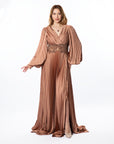 Elegant Bronze Pleated Maxi Dress with Beaded Waist Detail