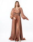 Elegant Bronze Pleated Maxi Dress with Beaded Waist Detail
