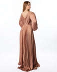 Elegant Bronze Pleated Maxi Dress with Beaded Waist Detail
