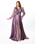 Elegant Lavender Sequin Sleeve Maxi Dress with Slit