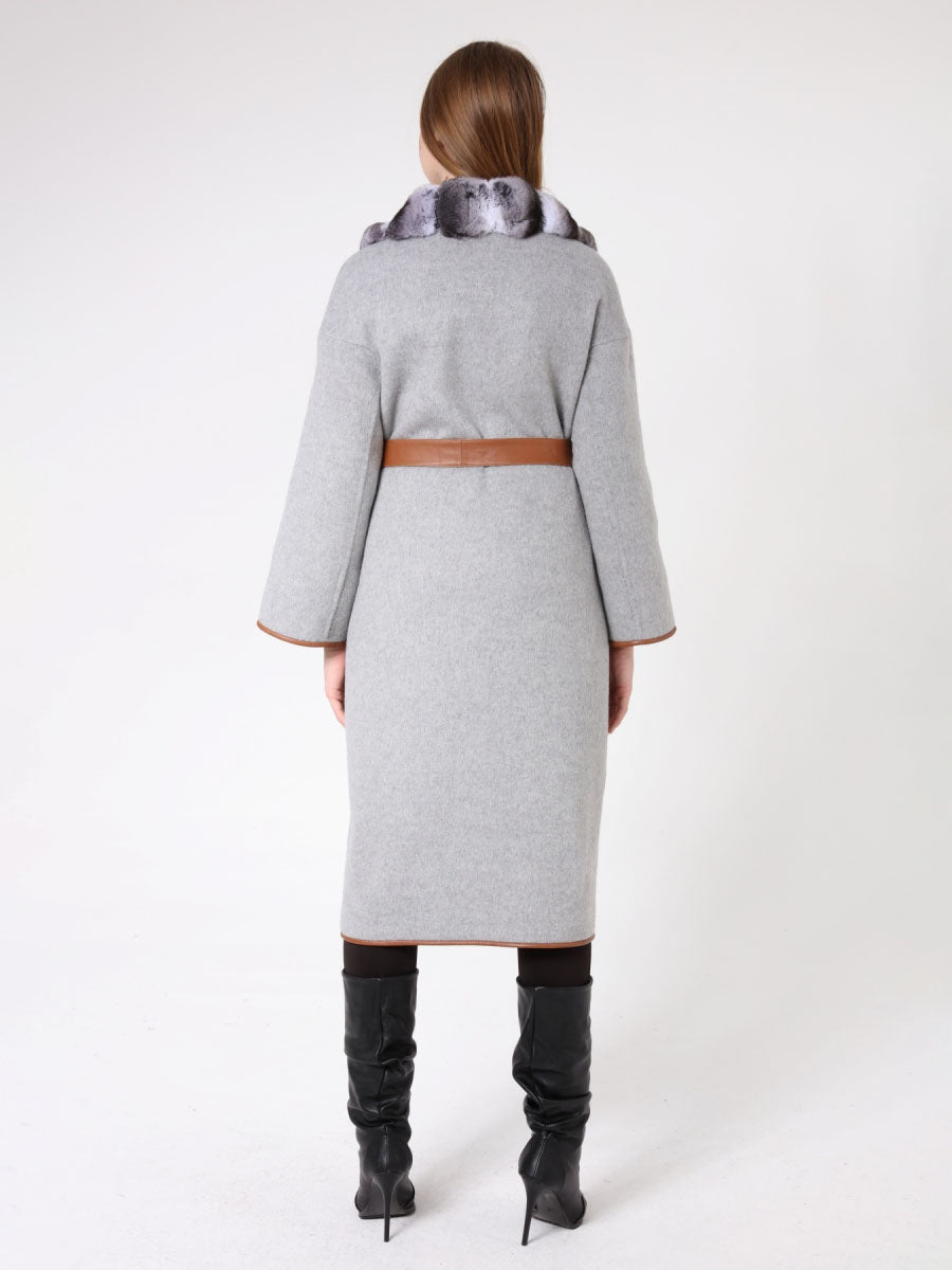 ROSSA Chinchilla Fur Collar Detailed Cashmere Fabric Women's Overcoat